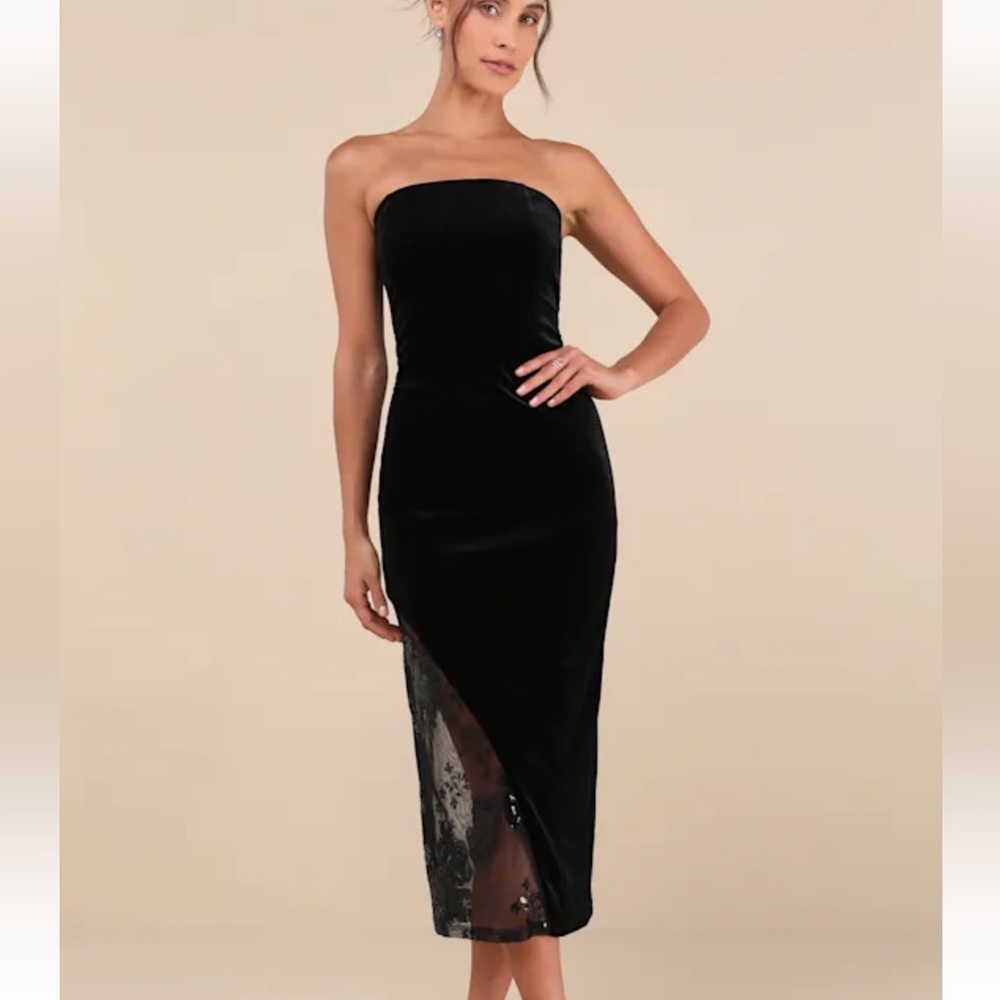 NWT Lulus Luxe Black Velvet Mesh Sequin Strapless Midi Dress